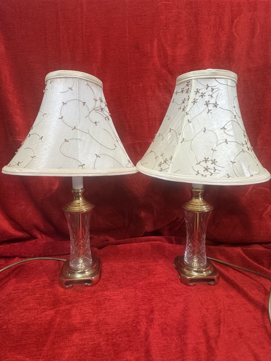 Primary image for Pair Of Mid Century Stiffel Waterford Crystal & Solid Brass Table Lamps