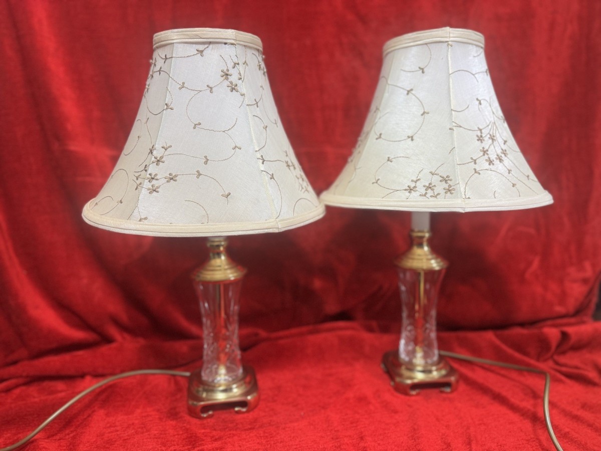 Pair Of Mid Century Stiffel Waterford Crystal & Solid Brass Table Lamps