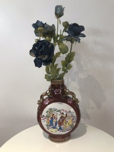 Vintage Cantonese Oriental Vase Komodo Dragon Guilt Handles With Family Portraits Of Men With Children On One Side And Ladies Playing Lutes On The Other Hand Painted On Porcelain With Lotus Flowers And Greek Key Style Embellishments Stamped On Base Beautiful Artists Work Stunning Shaped Vase Dimensions In Inches Height 15.5” Width 11” Depth 4”