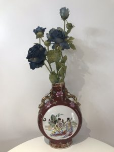 Vintage Cantonese Oriental Vase Komodo Dragon Guilt Handles With Family Portraits Of Men With Children On One Side And Ladies Playing Lutes On The Other Hand Painted On Porcelain With Lotus Flowers And Greek Key Style Embellishments Stamped On Base Beautiful Artists Work Stunning Shaped Vase Dimensions In Inches Height 15.5” Width 11” Depth 4”