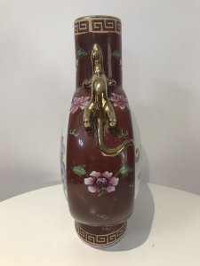 Vintage Cantonese Oriental Vase Komodo Dragon Guilt Handles With Family Portraits Of Men With Children On One Side And Ladies Playing Lutes On The Other Hand Painted On Porcelain With Lotus Flowers And Greek Key Style Embellishments Stamped On Base Beautiful Artists Work Stunning Shaped Vase Dimensions In Inches Height 15.5” Width 11” Depth 4”