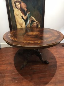 19th Century Victorian Kingwood Fine Marquetry Centre Table/ Dining Table Fine Walnut, Kingwood, Olivewood And Satinwood Floral Bouquet Inlays On Table Top The Table Top Is Cross Banded In Burr Walnut Banding With A Flayed Edge Some Marks Commensurate To The Age And Usage But A Really Wonderfully Worked Table Large Size Would Easily Seat 8 People Dimensions In Inches Top Diameter 58” Tip Thickness 4” Base Height 30” Base Width At Floor 31” X Depth 24” Solid Finely Carved Four Leg Base With Stunning Bow Shaped Legs Truly Remarkable Piece For Any Further Information Kindly Call Our Museum Curator On 07707 488566 Thankyou