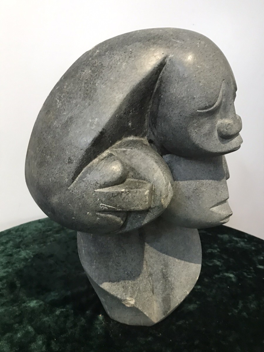 Fine Art 20th Century Carved 3 Heads Sculpture In The Style Of John Milne