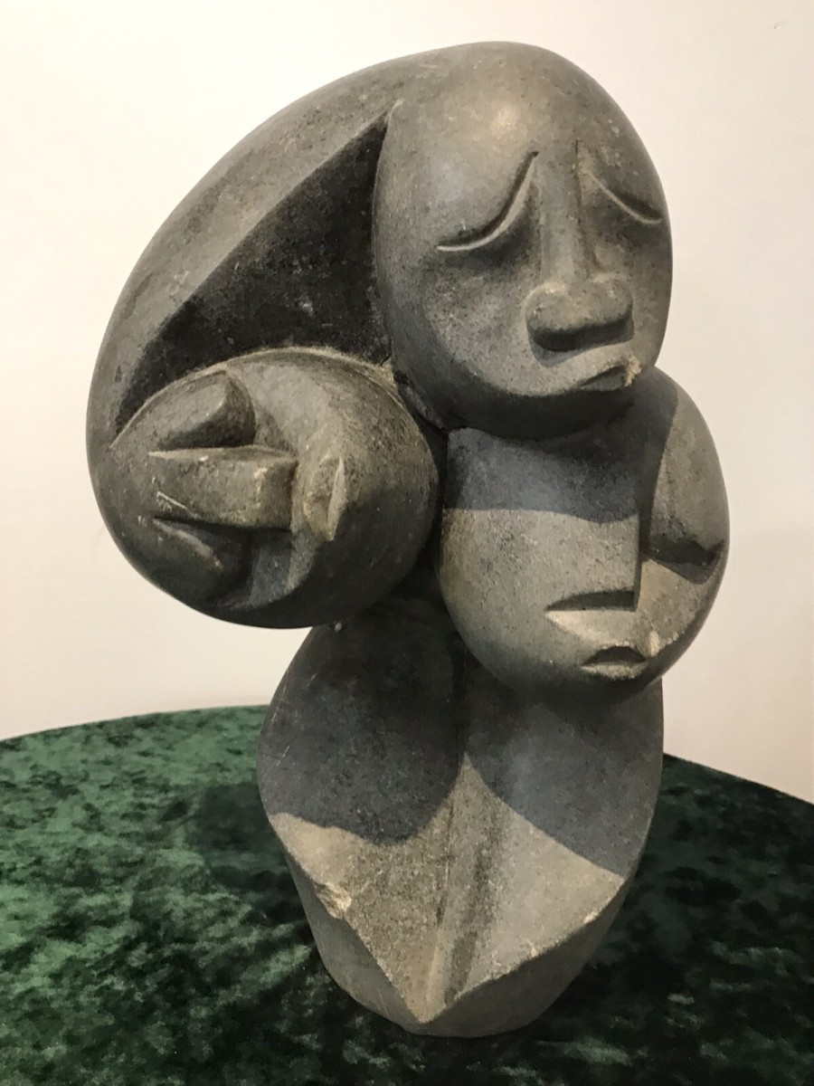 Fine Art 20th Century Carved 3 Heads Sculpture In The Style Of John Milne