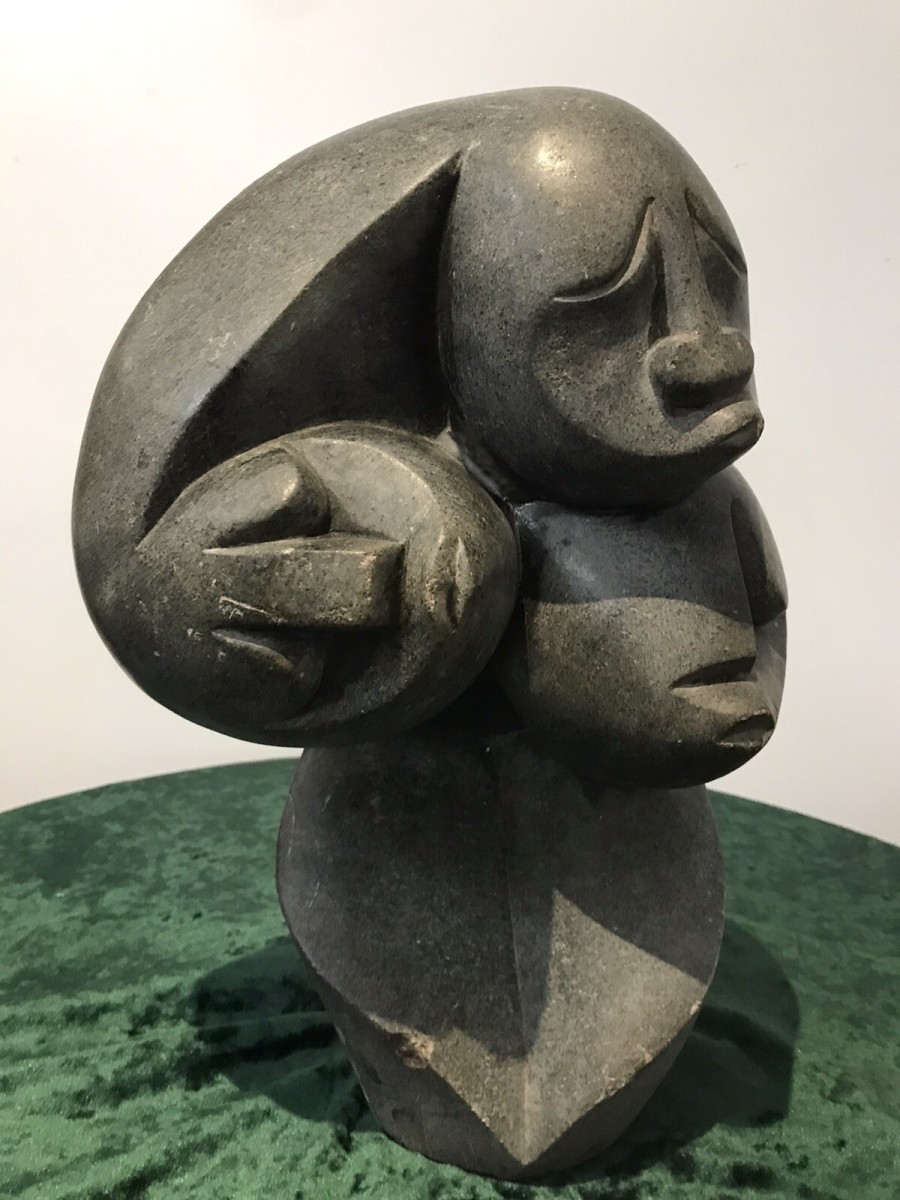 Fine Art 20th Century Carved 3 Heads Sculpture In The Style Of John Milne