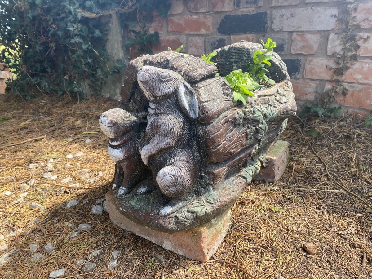 Charming Vintage Rabbits Ornate Planter Barrel