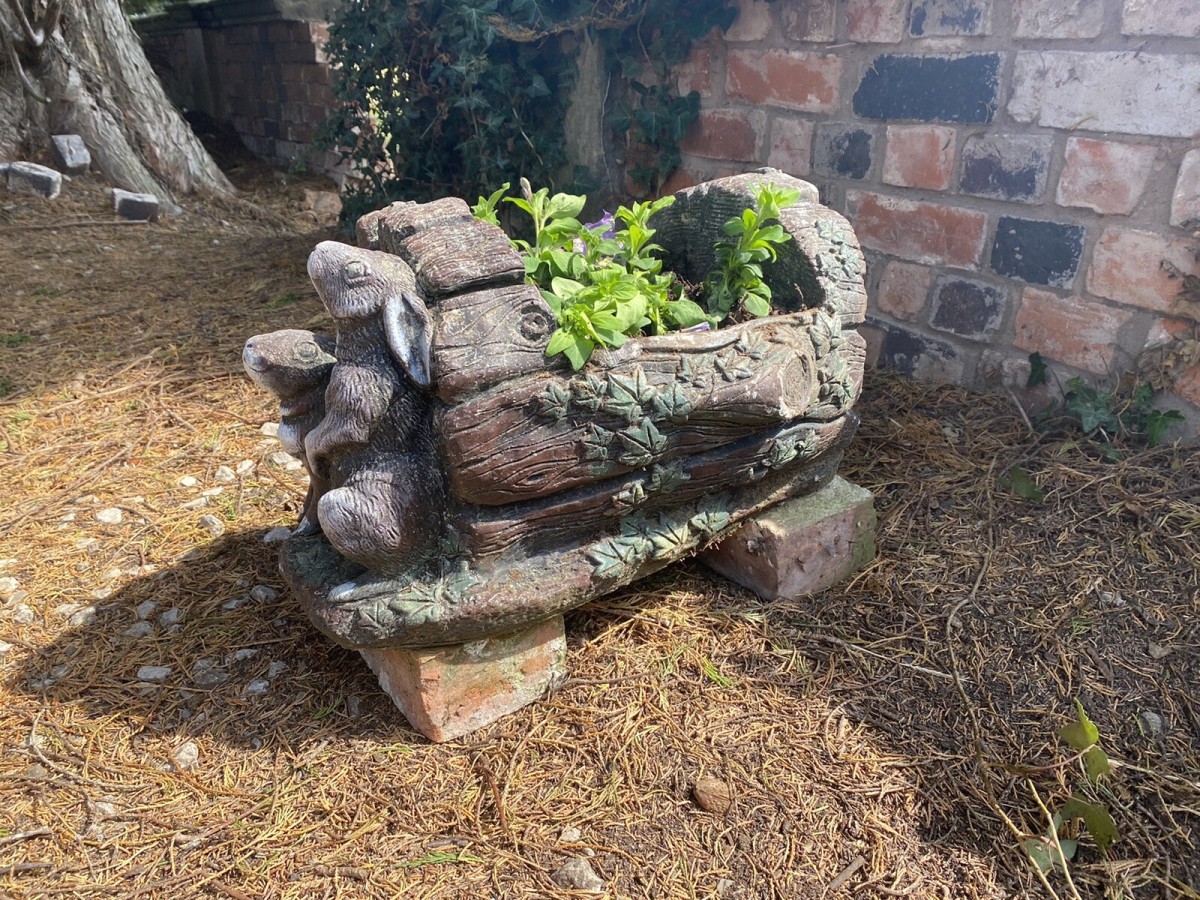 Charming Vintage Rabbits Ornate Planter Barrel