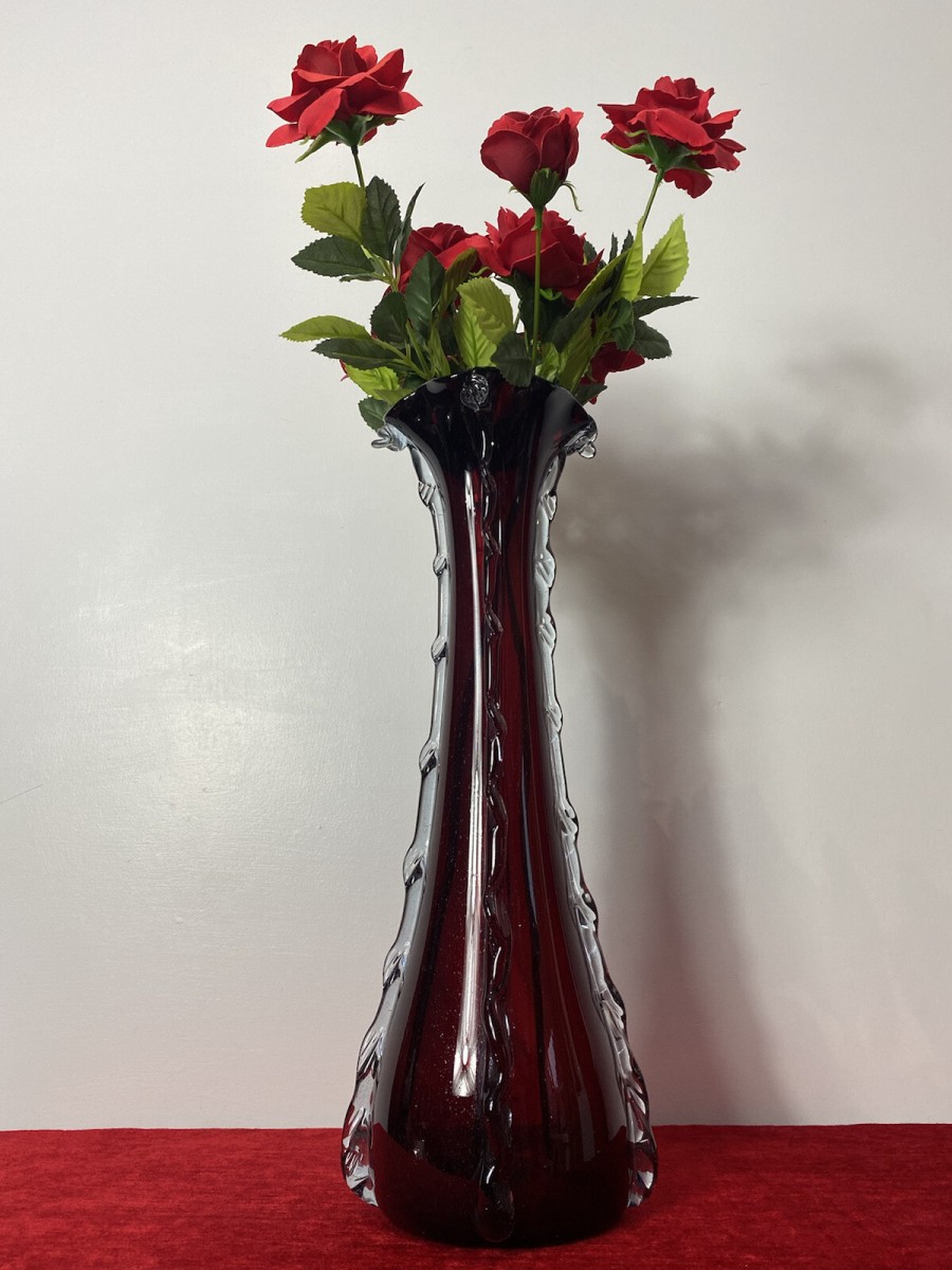 Primary image for Large Italian Red Ruby Glass Vase With Decorative Scalloped Ornementation