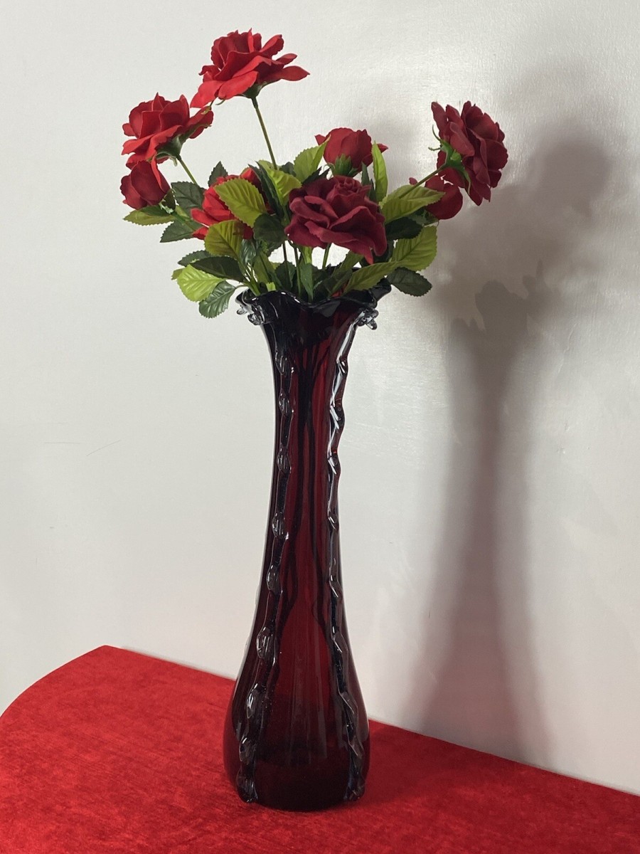 Large Italian Red Ruby Glass Vase With Decorative Scalloped Ornementation