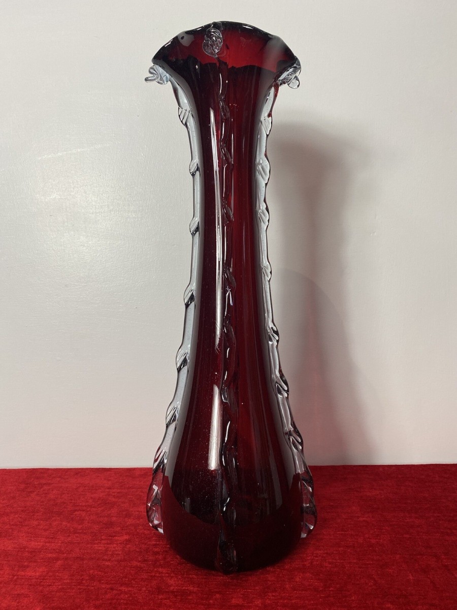 Large Italian Red Ruby Glass Vase With Decorative Scalloped Ornementation