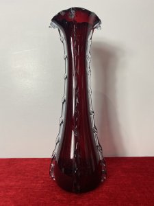 Large Italian Red Ruby Glass Vase With Decorative Scalloped Ornamentation Circa - Vintage Composition - Red Ruby Glass Large Hand Blown Tulip Shaped Sculptured Glass Vase In A Rich Ruby Red Colouration. Scalloped Mouth Opening With Slim Body And Bulbous Base, Decorated In Segmented Pattern With Vertical Rolling Waves Of Translucent Glass. In The Murano Style But Unsigned. Beautifully Decorative Art Vase For Display Centrepiece Or Flower Arrangement. Dimensions In Inches Height 19.5" Width 5.5" At Base