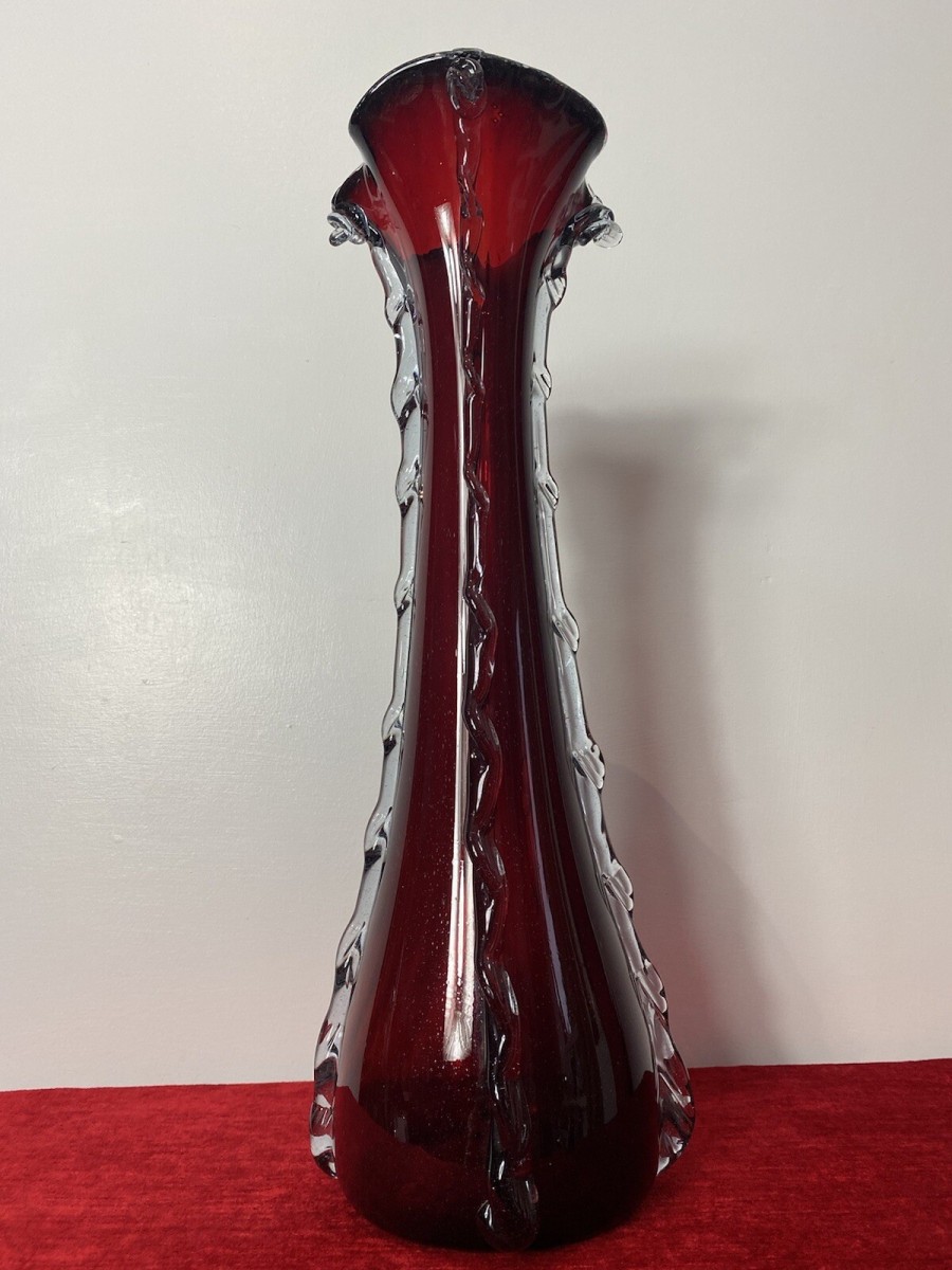 Large Italian Red Ruby Glass Vase With Decorative Scalloped Ornementation