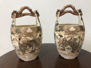Fine Pair Japanese Antique Satsuma ‘Emperor Vases’ Made For The Emperor And Signed By The Artist On The Base Stunning Portrait Of Samurai Warriors In Gilding With Carey Handles In The Form Of Tree Branches A Matching Pair In Beautiful Condition Have Some Signs Of Wear Due To Age Circa 1890 Dimensions In Inches Height 9.5” Width 5.5” Circumference 17.5”