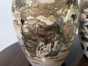 Fine Pair Japanese Antique Satsuma ‘Emperor Vases’ Made For The Emperor And Signed By The Artist On The Base Stunning Portrait Of Samurai Warriors In Gilding With Carey Handles In The Form Of Tree Branches A Matching Pair In Beautiful Condition Have Some Signs Of Wear Due To Age Circa 1890 Dimensions In Inches Height 9.5” Width 5.5” Circumference 17.5”