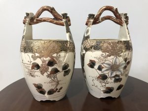 Fine Pair Japanese Antique Satsuma ‘Emperor Vases’ Made For The Emperor And Signed By The Artist On The Base Stunning Portrait Of Samurai Warriors In Gilding With Carey Handles In The Form Of Tree Branches A Matching Pair In Beautiful Condition Have Some Signs Of Wear Due To Age Circa 1890 Dimensions In Inches Height 9.5” Width 5.5” Circumference 17.5”