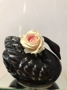 Vintage Staffordshire Black Swan Potpourri Table Display Hand Painted Black Glazed Pottery Swan With Red Eyes Holes In The Too To Out Fresh Flowers And A Hole At Back Tail To Pour Water For The Flowers Victorian Style Unusual Decoration For Table Top Dimensions In Inches Height 6.5” Width 8” Depth 5.5”