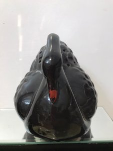 Vintage Staffordshire Black Swan Potpourri Table Display Hand Painted Black Glazed Pottery Swan With Red Eyes Holes In The Too To Out Fresh Flowers And A Hole At Back Tail To Pour Water For The Flowers Victorian Style Unusual Decoration For Table Top Dimensions In Inches Height 6.5” Width 8” Depth 5.5”