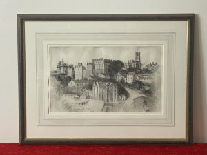 Teresa Wearing Pennington American Castle Townscape Pencil Drawing Framed/Signed. Circa - Dated 1989 Composition- Pencil Drawing On Velum Intricately Detailed Monochrome Pencil Drawing Castle Of A Hillside Town With A Large Castle And Beautiful Cathedral Amongst Many Other Architectural Buildings. Stunning Detail In Shading And Heightened Pencil Sketching. Signed And Dated By Artist T W Pennington. The Artwork Set Inside Card Border And Set In A Glazed Wooden Frame. Brief Artist History Teresa Wareing Pennington Is A American Self Taught Pencil Artist Whom Proclaims Her Talent Is God Given. Teresa Meticulously Renders Scenery, Landscapes, Flora & Forna Of Western North Carolina With A Emphasis On Blue Roses Parkway. Condition Vintage Used. The Paper Has Shows Signs Of Exposure To Humidity And Is Wavy Due To Age And Usage. Dimensions In Inches Frame Height 18” X Width 24” Artwork Height 9” X Width 15”