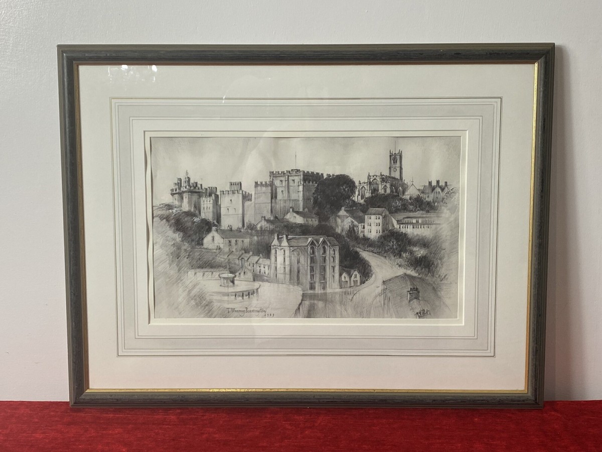 Teresa Wearing Pennington Castle Hillside Townscape Pencil Drawing 1989 Signed