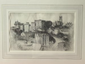 Teresa Wearing Pennington American Castle Townscape Pencil Drawing Framed/Signed. Circa - Dated 1989 Composition- Pencil Drawing On Velum Intricately Detailed Monochrome Pencil Drawing Castle Of A Hillside Town With A Large Castle And Beautiful Cathedral Amongst Many Other Architectural Buildings. Stunning Detail In Shading And Heightened Pencil Sketching. Signed And Dated By Artist T W Pennington. The Artwork Set Inside Card Border And Set In A Glazed Wooden Frame. Brief Artist History Teresa Wareing Pennington Is A American Self Taught Pencil Artist Whom Proclaims Her Talent Is God Given. Teresa Meticulously Renders Scenery, Landscapes, Flora & Forna Of Western North Carolina With A Emphasis On Blue Roses Parkway. Condition Vintage Used. The Paper Has Shows Signs Of Exposure To Humidity And Is Wavy Due To Age And Usage. Dimensions In Inches Frame Height 18” X Width 24” Artwork Height 9” X Width 15”