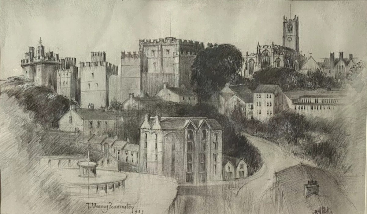 Teresa Wearing Pennington Castle Hillside Townscape Pencil Drawing 1989 Signed