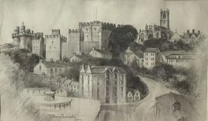Teresa Wearing Pennington American Castle Townscape Pencil Drawing Framed/Signed. Circa - Dated 1989 Composition- Pencil Drawing On Velum Intricately Detailed Monochrome Pencil Drawing Castle Of A Hillside Town With A Large Castle And Beautiful Cathedral Amongst Many Other Architectural Buildings. Stunning Detail In Shading And Heightened Pencil Sketching. Signed And Dated By Artist T W Pennington. The Artwork Set Inside Card Border And Set In A Glazed Wooden Frame. Brief Artist History Teresa Wareing Pennington Is A American Self Taught Pencil Artist Whom Proclaims Her Talent Is God Given. Teresa Meticulously Renders Scenery, Landscapes, Flora & Forna Of Western North Carolina With A Emphasis On Blue Roses Parkway. Condition Vintage Used. The Paper Has Shows Signs Of Exposure To Humidity And Is Wavy Due To Age And Usage. Dimensions In Inches Frame Height 18” X Width 24” Artwork Height 9” X Width 15”