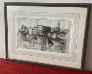Teresa Wearing Pennington American Castle Townscape Pencil Drawing Framed/Signed. Circa - Dated 1989 Composition- Pencil Drawing On Velum Intricately Detailed Monochrome Pencil Drawing Castle Of A Hillside Town With A Large Castle And Beautiful Cathedral Amongst Many Other Architectural Buildings. Stunning Detail In Shading And Heightened Pencil Sketching. Signed And Dated By Artist T W Pennington. The Artwork Set Inside Card Border And Set In A Glazed Wooden Frame. Brief Artist History Teresa Wareing Pennington Is A American Self Taught Pencil Artist Whom Proclaims Her Talent Is God Given. Teresa Meticulously Renders Scenery, Landscapes, Flora & Forna Of Western North Carolina With A Emphasis On Blue Roses Parkway. Condition Vintage Used. The Paper Has Shows Signs Of Exposure To Humidity And Is Wavy Due To Age And Usage. Dimensions In Inches Frame Height 18” X Width 24” Artwork Height 9” X Width 15”