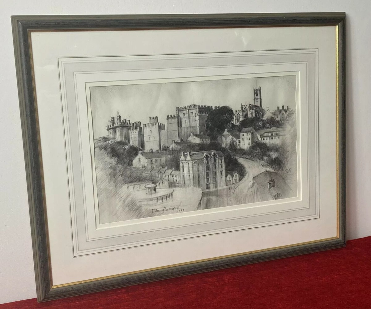 Teresa Wearing Pennington Castle Hillside Townscape Pencil Drawing 1989 Signed