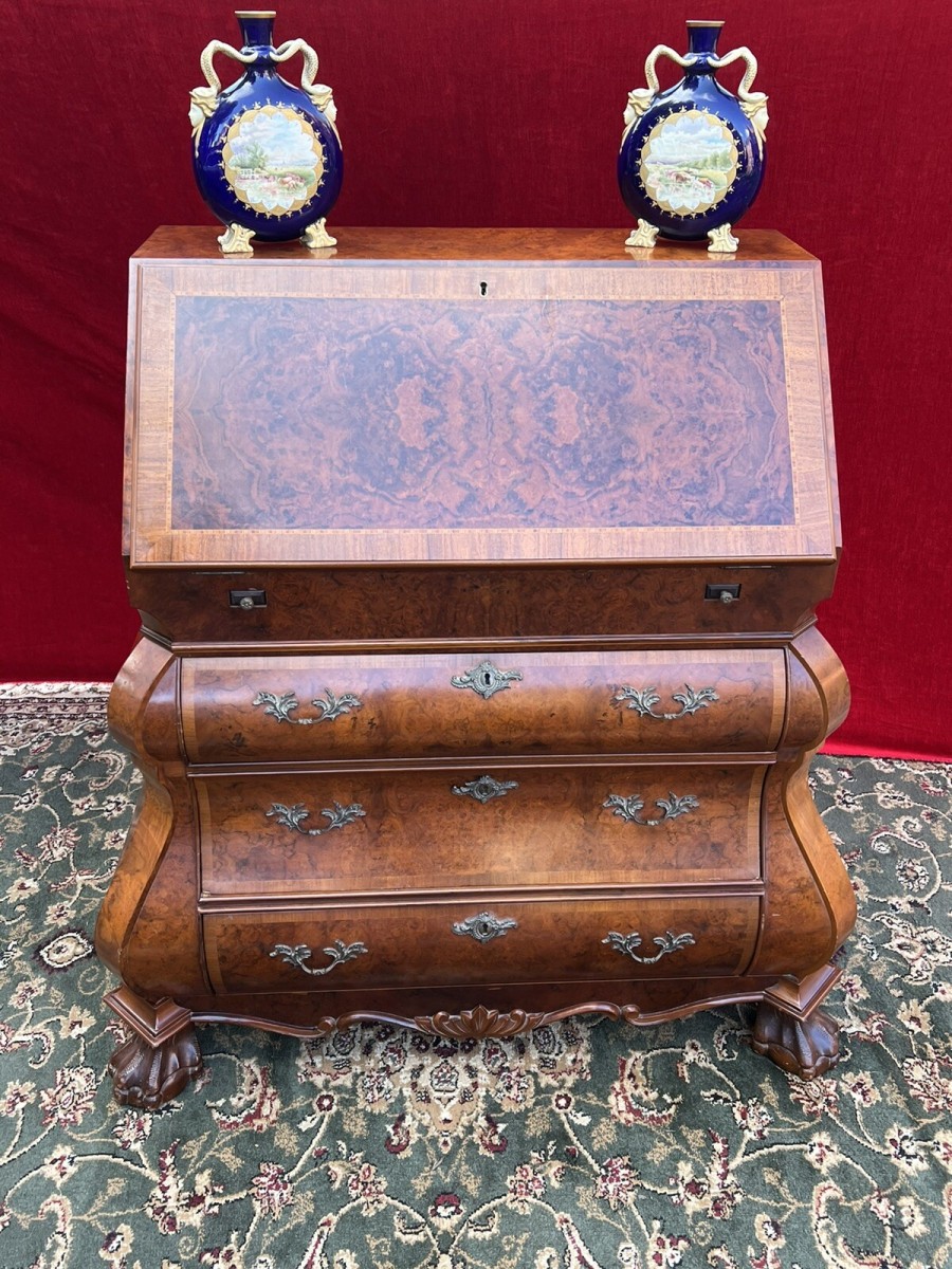 Primary image for Fine Dutch Burl Walnut/satinwood Inlay Bombe Writing Desk