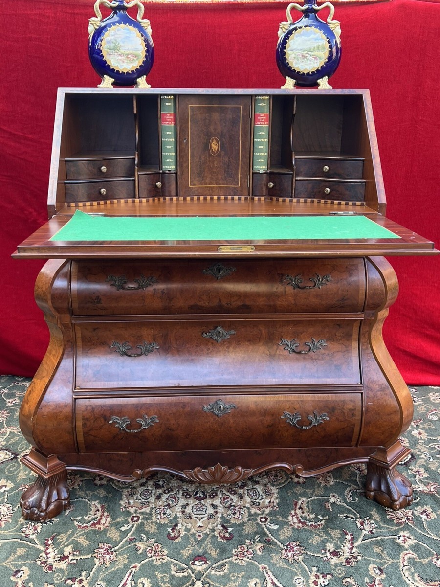 Fine Dutch Burl Walnut/satinwood Inlay Bombe Writing Desk