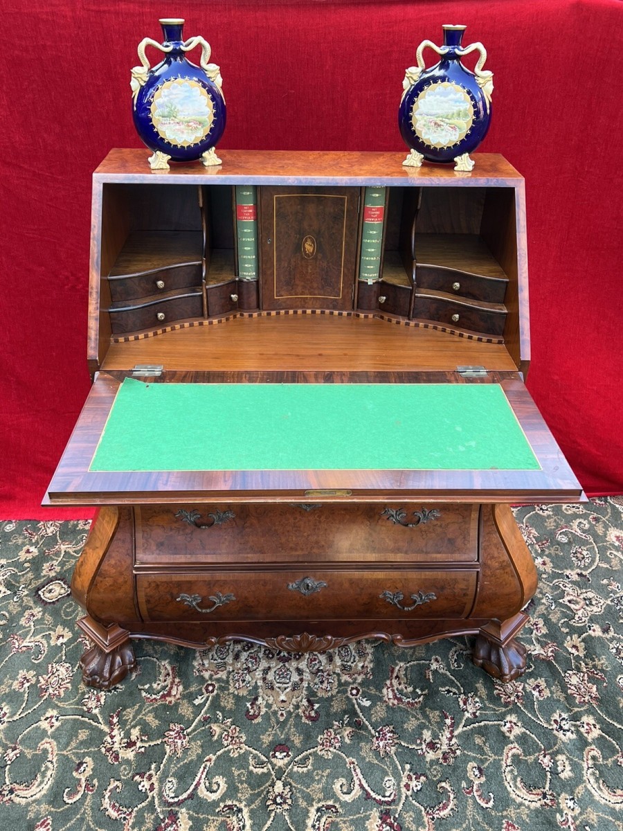 Fine Dutch Burl Walnut/satinwood Inlay Bombe Writing Desk