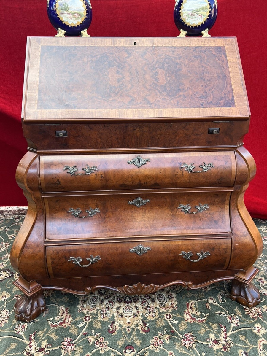 Fine Dutch Burl Walnut/satinwood Inlay Bombe Writing Desk