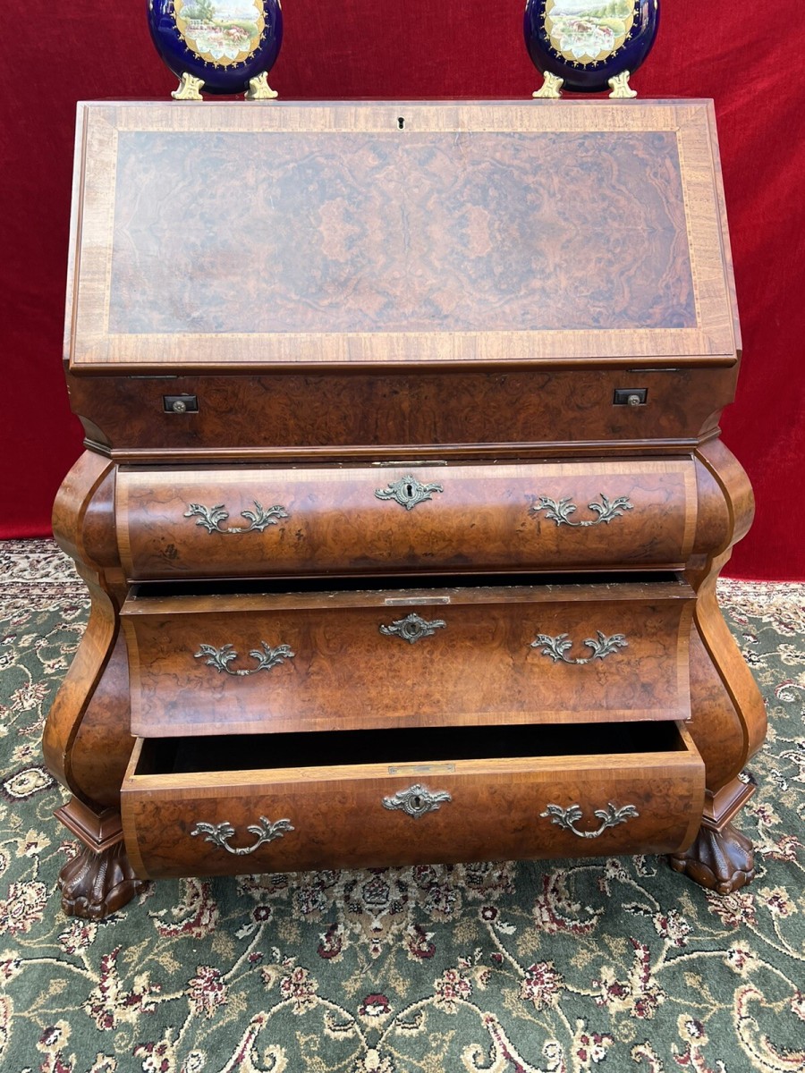 Fine Dutch Burl Walnut/satinwood Inlay Bombe Writing Desk