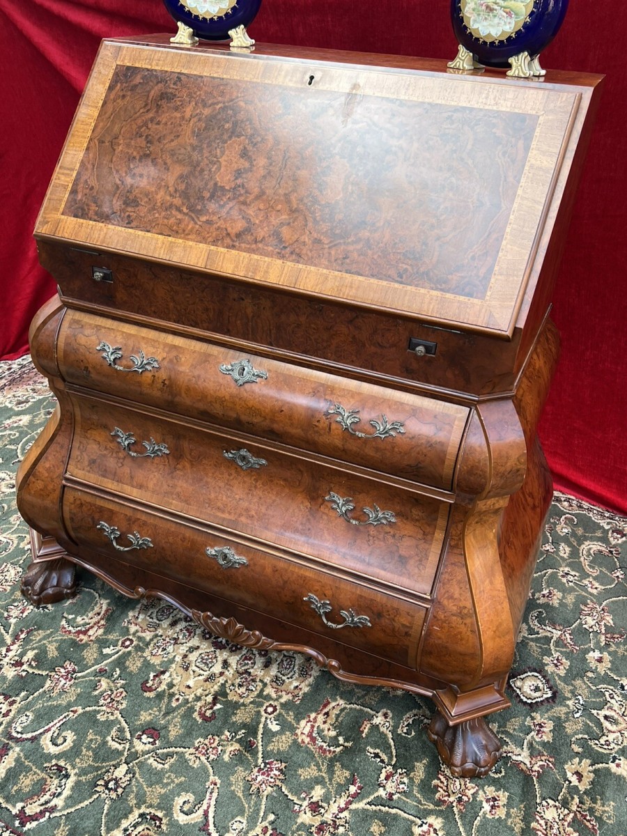 Fine Dutch Burl Walnut/satinwood Inlay Bombe Writing Desk