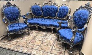 Antique Original Blue Silk Demask & Gilt Wood 3 Piece Venetian Canape Suite Venetian Canapé With Pair Of Matching Arm Chairs Intricately Hand Carved With Foliate And Acanthus Leaves, Pierced And Water Gilded Stunning Sapphire Blue Silk Damask Upholstery The Canapé Has A Deep Serpentine Shaped Seat With Triple Panelled Back Very High Quality Suite Which Has Retained It Original Gilding Solid Frames Antique Suite In Lovely Condition Provenance The Suite Had Been Made For A Venetian Count D Milano In 1855 And Was Placed In A Venetian Palace In Italy Please Note This Is A Antique 3 Piece Suite. The Damask On The Canapé Shows Some Wear Due To Usage And There Are Wear Marks In The Gilding Dimensions In Inches Canapé Back Height 4FT Width 75” Seat Depth 26” Seat Height 16” Armchair Back Height 4FT Seat Height 16” Width 29” Seat Depth 23”