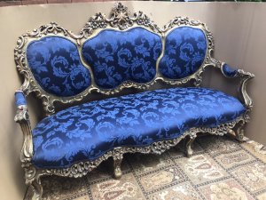 Antique Original Blue Silk Demask & Gilt Wood 3 Piece Venetian Canape Suite Venetian Canapé With Pair Of Matching Arm Chairs Intricately Hand Carved With Foliate And Acanthus Leaves, Pierced And Water Gilded Stunning Sapphire Blue Silk Damask Upholstery The Canapé Has A Deep Serpentine Shaped Seat With Triple Panelled Back Very High Quality Suite Which Has Retained It Original Gilding Solid Frames Antique Suite In Lovely Condition Provenance The Suite Had Been Made For A Venetian Count D Milano In 1855 And Was Placed In A Venetian Palace In Italy Please Note This Is A Antique 3 Piece Suite. The Damask On The Canapé Shows Some Wear Due To Usage And There Are Wear Marks In The Gilding Dimensions In Inches Canapé Back Height 4FT Width 75” Seat Depth 26” Seat Height 16” Armchair Back Height 4FT Seat Height 16” Width 29” Seat Depth 23”