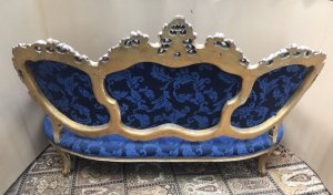 Antique Original Blue Silk Demask & Gilt Wood 3 Piece Venetian Canape Suite Venetian Canapé With Pair Of Matching Arm Chairs Intricately Hand Carved With Foliate And Acanthus Leaves, Pierced And Water Gilded Stunning Sapphire Blue Silk Damask Upholstery The Canapé Has A Deep Serpentine Shaped Seat With Triple Panelled Back Very High Quality Suite Which Has Retained It Original Gilding Solid Frames Antique Suite In Lovely Condition Provenance The Suite Had Been Made For A Venetian Count D Milano In 1855 And Was Placed In A Venetian Palace In Italy Please Note This Is A Antique 3 Piece Suite. The Damask On The Canapé Shows Some Wear Due To Usage And There Are Wear Marks In The Gilding Dimensions In Inches Canapé Back Height 4FT Width 75” Seat Depth 26” Seat Height 16” Armchair Back Height 4FT Seat Height 16” Width 29” Seat Depth 23”