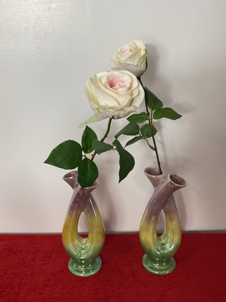 Stunning Pair Of Mid Century German Tri-colour Lustreware Tulip Vases