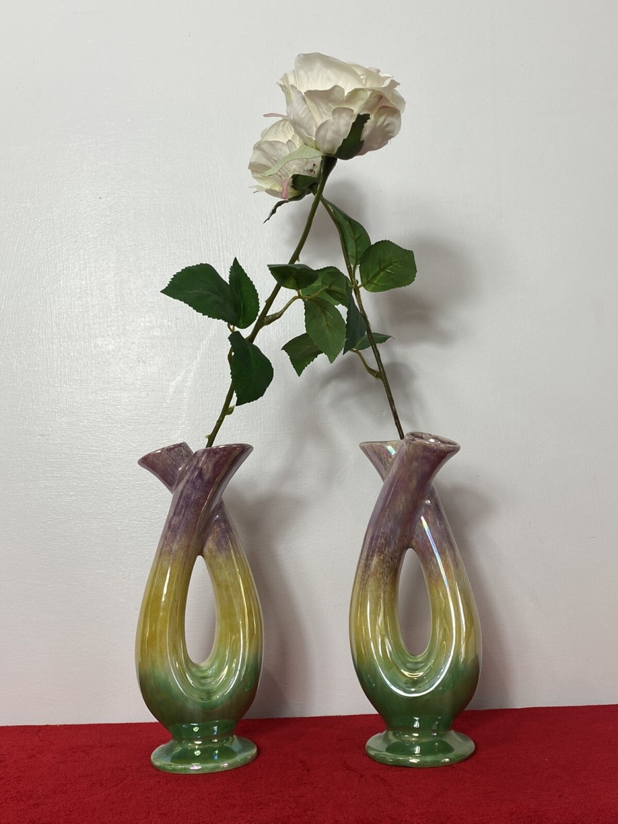 Stunning Pair Of Mid Century German Tri-colour Lustreware Tulip Vases