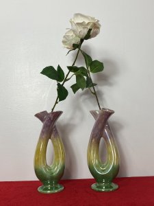 Stunning Pair Of Mid Century German Tri-Colour Lustreware Tulip Vases. Circa - 1960 Composition - Ceramic Rare Pair Of Elegant U Shaped Tulip Vases With Double Mouthed Angled Openings For Floral Display. Tri- Colour Lustreware Glaze In Pink, Yellow And Green Colouration.Each Vase Is Made Up Of A Decorative Cylindrical Structure Resting Upon Circular Plinth Base. Stamped Underneath By Maker GERMANY 553\20 Beautifully Feminine Pair Of Vases For Boudoir / Lounge/ Mantle Display Condition - Used Pristine Dimensions In Inches Height 8.5" Width 3.5" Depth Base 3"