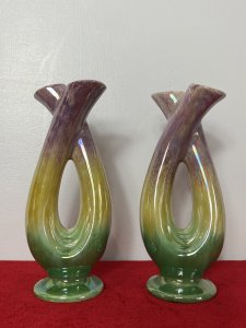 Stunning Pair Of Mid Century German Tri-Colour Lustreware Tulip Vases. Circa - 1960 Composition - Ceramic Rare Pair Of Elegant U Shaped Tulip Vases With Double Mouthed Angled Openings For Floral Display. Tri- Colour Lustreware Glaze In Pink, Yellow And Green Colouration.Each Vase Is Made Up Of A Decorative Cylindrical Structure Resting Upon Circular Plinth Base. Stamped Underneath By Maker GERMANY 553\20 Beautifully Feminine Pair Of Vases For Boudoir / Lounge/ Mantle Display Condition - Used Pristine Dimensions In Inches Height 8.5" Width 3.5" Depth Base 3"