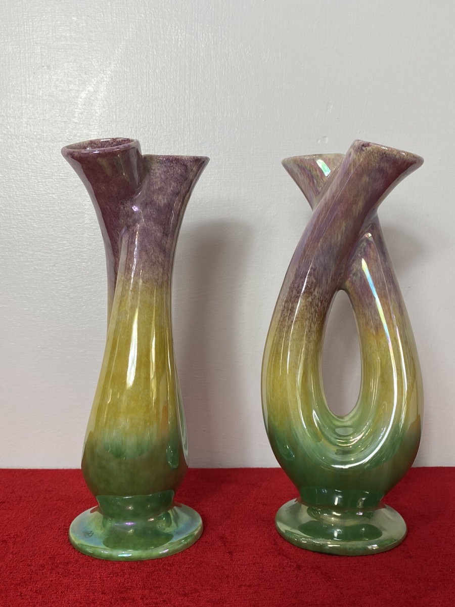 Stunning Pair Of Mid Century German Tri-colour Lustreware Tulip Vases