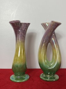 Stunning Pair Of Mid Century German Tri-Colour Lustreware Tulip Vases. Circa - 1960 Composition - Ceramic Rare Pair Of Elegant U Shaped Tulip Vases With Double Mouthed Angled Openings For Floral Display. Tri- Colour Lustreware Glaze In Pink, Yellow And Green Colouration.Each Vase Is Made Up Of A Decorative Cylindrical Structure Resting Upon Circular Plinth Base. Stamped Underneath By Maker GERMANY 553\20 Beautifully Feminine Pair Of Vases For Boudoir / Lounge/ Mantle Display Condition - Used Pristine Dimensions In Inches Height 8.5" Width 3.5" Depth Base 3"