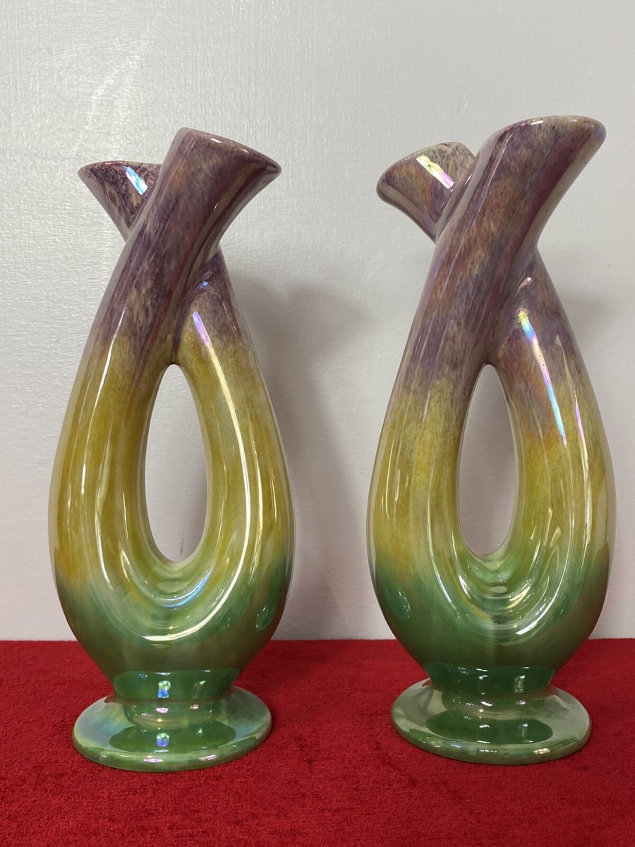Stunning Pair Of Mid Century German Tri-colour Lustreware Tulip Vases