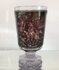 Finest Quality Bohemian Facet Cut Goblet With Optical Viewing Eye Master Oil Painting And Etching Of Huntsman And Hounds In Wonderful Landscape Look Through The Viewing Eye To See The Intricate Details Truly Exceptional Amazing Detail Hand Cut Hexagonal Shaped 9 Sided Facets Signature Believed To Be ‘J’ On The Base German Circa 1880 Genuine Antique Perfect Condition Museum Grade Dimensions In Inches Height 5.5” Diameter 3”