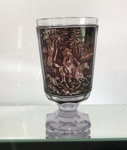 Finest Quality Bohemian Facet Cut Goblet With Optical Viewing Eye Master Oil Painting And Etching Of Huntsman And Hounds In Wonderful Landscape Look Through The Viewing Eye To See The Intricate Details Truly Exceptional Amazing Detail Hand Cut Hexagonal Shaped 9 Sided Facets Signature Believed To Be ‘J’ On The Base German Circa 1880 Genuine Antique Perfect Condition Museum Grade Dimensions In Inches Height 5.5” Diameter 3”