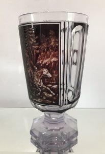 Finest Quality Bohemian Facet Cut Goblet With Optical Viewing Eye Master Oil Painting And Etching Of Huntsman And Hounds In Wonderful Landscape Look Through The Viewing Eye To See The Intricate Details Truly Exceptional Amazing Detail Hand Cut Hexagonal Shaped 9 Sided Facets Signature Believed To Be ‘J’ On The Base German Circa 1880 Genuine Antique Perfect Condition Museum Grade Dimensions In Inches Height 5.5” Diameter 3”