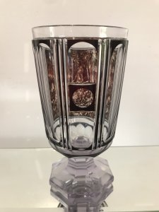 Finest Quality Bohemian Facet Cut Goblet With Optical Viewing Eye Master Oil Painting And Etching Of Huntsman And Hounds In Wonderful Landscape Look Through The Viewing Eye To See The Intricate Details Truly Exceptional Amazing Detail Hand Cut Hexagonal Shaped 9 Sided Facets Signature Believed To Be ‘J’ On The Base German Circa 1880 Genuine Antique Perfect Condition Museum Grade Dimensions In Inches Height 5.5” Diameter 3”