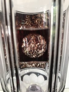 Finest Quality Bohemian Facet Cut Goblet With Optical Viewing Eye Master Oil Painting And Etching Of Huntsman And Hounds In Wonderful Landscape Look Through The Viewing Eye To See The Intricate Details Truly Exceptional Amazing Detail Hand Cut Hexagonal Shaped 9 Sided Facets Signature Believed To Be ‘J’ On The Base German Circa 1880 Genuine Antique Perfect Condition Museum Grade Dimensions In Inches Height 5.5” Diameter 3”