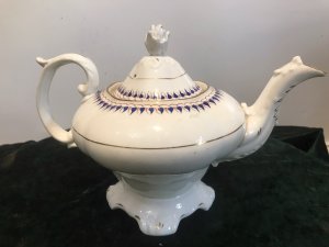 Fine Ornate Porcelain Napoleonic’Limoges’ France Floral Decoration And Gilt Work Teapot Bullet Shaped Teapot With Pineapple Lid Motif Ornate Handle, Cartouche Spout And Base With Ornate Floral Artwork Gilt Bands And Deep Blue Floral Decoration Around The Top Condition - Excellent No Damage There Are Some Signs Of Wear On Gilt Work Due To Age Dimensions In Inches Height 8” Width 11”